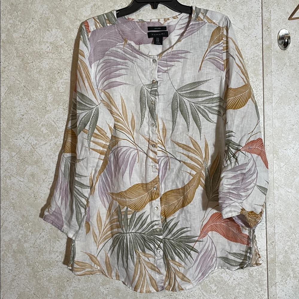 Tahari Tropical Linen White, Purple & Gold Buttoned Roll Sleeve Shirt Size 1X